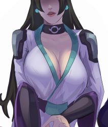 Rule 34 | 1girl, belt, black belt, black hair, breasts, cleavage, earrings, grey robe, head tilt, highres, jewelry, large breasts, long hair, open mouth, robe, sage (valorant), shaded face, solo, valorant, vile (vile jp), white background