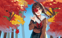 Rule 34 | 1girl, :d, autumn, autumn leaves, bad id, bad pixiv id, blue skirt, blue sky, bow, bowtie, braid, brown eyes, brown hair, brown shirt, day, forest, holding, holding leaf, leaf, long hair, looking at viewer, maple leaf, nature, one eye covered, open mouth, original, outdoors, pleated skirt, red bow, red bowtie, school uniform, serafuku, shinobu (kobanatu), shirt, skirt, sky, smile, solo, teeth, translated, twin braids