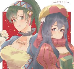 Rule 34 | 2girls, artist request, blue eyes, blue hair, blush, breasts, character name, cleavage, dress, fire emblem, fire emblem: the binding blade, fire emblem: the blazing blade, fire emblem heroes, green eyes, green hair, hat, high ponytail, highres, jewelry, lilina (fire emblem), lilina (valentine) (fire emblem), long hair, lyn (fire emblem), lyn (valentine) (fire emblem), mother and daughter, multiple girls, nintendo, ponytail, simple background, smile