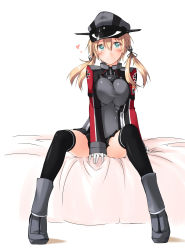 Rule 34 | 10s, 1girl, anchor hair ornament, aqua eyes, bed sheet, between legs, black thighhighs, blonde hair, blue eyes, boots, breasts, breasts squeezed together, cross, full body, hair ornament, hand between legs, hat, heart, highres, iron cross, kaminagi (kaminagi-tei), kantai collection, large breasts, long hair, long sleeves, looking at viewer, military, military uniform, on bed, peaked cap, prinz eugen (kancolle), short hair, short twintails, simple background, sitting, smile, solo, thighhighs, twintails, uniform, white background, zettai ryouiki