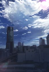 Rule 34 | anyotete, blue sky, building, city, cityscape, cloud, cloudy sky, commentary request, day, highres, lens flare, no humans, original, outdoors, scenery, sky, skyscraper