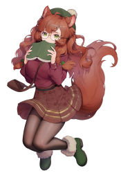 Rule 34 | 1girl, animal ear fluff, animal ears, bag, beret, book, bow, breasts, brown hair, brown pantyhose, brown skirt, closed mouth, commentary, commentary request, commission, english commentary, floral print, full body, fur trim, glasses, green bow, green eyes, green footwear, green hat, hair bow, hands up, hat, highres, holding, holding book, knees together feet apart, korean commentary, long hair, long sleeves, medium breasts, open book, original, pantyhose, pixiv commission, pleated skirt, print skirt, puffy long sleeves, puffy sleeves, red sweater, round eyewear, shoes, shoulder bag, simple background, skirt, solo, sweater, tail, very long hair, white background, y.i. (lave2217)