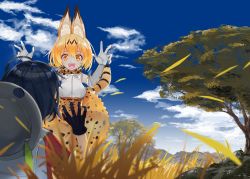 Rule 34 | 10s, 2girls, animal ears, animal print, backpack, bag, black hair, blonde hair, blue sky, bucket hat, claw pose, cloud, cloudy sky, day, elbow gloves, fangs, gloves, grass, hair between eyes, hands up, hat, hat on back, high-waist skirt, kaban (kemono friends), kemono friends, looking at another, multiple girls, open mouth, outdoors, red shirt, ruisento, savannah, serval (kemono friends), serval tail, shirt, short hair, short sleeves, skirt, sky, smile, tail, tareme, teeth, yellow eyes