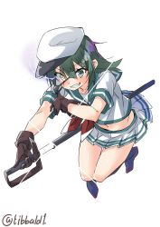 Rule 34 | 10s, 1girl, bad id, bad twitter id, blue legwear, brown gloves, ebifurya, eyepatch, full body, gloves, glowing, glowing eye, green hair, grin, hair between eyes, hat, heterochromia, highres, holding, holding sword, holding weapon, inactive account, kantai collection, kiso (kancolle), knees together feet apart, looking at viewer, midriff, miniskirt, neckerchief, no shoes, pleated skirt, scabbard, scar, scar across eye, scar on face, school uniform, serafuku, sheath, short hair, short sleeves, simple background, skirt, smile, solo, sparkle, sword, thigh gap, twitter username, unsheathing, weapon, white background