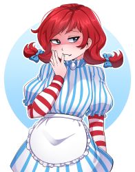 Rule 34 | 1girl, apron, blue eyes, blush, bow, freckles, hair bow, highres, iwbitu, outline, red hair, sidelocks, smug, solo, striped, wendy&#039;s, wendy (wendy&#039;s), white outline