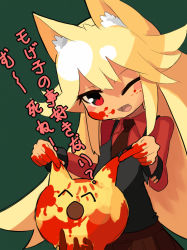 Rule 34 | 1girl, ^ ^, animal ears, blonde hair, blood, blood on face, blood on hands, blush, blush stickers, buttons, closed eyes, collared shirt, commentary request, funamusea, green background, long hair, looking at viewer, moge-ko, mogeko (funamusea), mogeko castle, necktie, one eye closed, open mouth, proyumer, red eyes, red skirt, shirt, sidelocks, simple background, skirt, translation request, vest