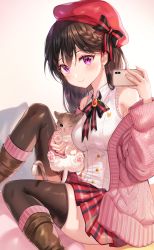 Rule 34 | 1girl, absurdres, animal, bare shoulders, black hair, black thighhighs, blush, boots, braid, breasts, cardigan, cat, collared shirt, earrings, emblem, feet out of frame, gradient background, hair between eyes, hand up, hat, highres, holding, holding animal, holding cat, holding phone, jewelry, long hair, long sleeves, looking at viewer, medium breasts, mole, mole under eye, neck ribbon, original, phone, pink cardigan, plaid, plaid skirt, pleated skirt, purple eyes, red hat, ribbon, selfie, shirt, sidelocks, simple background, sitting, skindentation, skirt, sleeveless, smile, solo, taking picture, thighhighs, tokkyu, unworn cardigan, vest, white shirt, zettai ryouiki