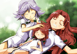 Rule 34 | 3girls, age difference, alternate costume, bow, braid, breast pillow, breasts, child, closed eyes, couple, drooling, female focus, hair bow, hong meiling, if they mated, izayoi sakuya, long hair, lying, multiple girls, on back, onee-loli, red hair, short hair, silver hair, sleeping, touhou, twin braids, yohane, yuri