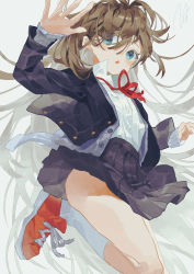 Rule 34 | 1girl, black jacket, black skirt, blue eyes, bow, bowtie, brown hair, cardigan, collared shirt, commentary request, eyes visible through hair, grey background, grey cardigan, hand up, highres, jacket, jumping, long hair, long sleeves, looking at viewer, midair, open clothes, open jacket, open mouth, original, pleated skirt, potg (piotegu), red bow, red bowtie, red footwear, school uniform, shirt, shoes, signature, simple background, skirt, sneakers, socks, solo, very long hair, white shirt, white socks