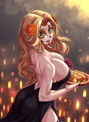 Rule 34 | 1girl, blush, breasts, chin piercing, cleavage, colored eyelashes, dia de muertos, dress, facepaint, fate/grand order, fate (series), flower, food, green eyes, green nails, hair flower, hair ornament, highres, jewelry, large breasts, long hair, muscular, muscular female, nail polish, parted lips, quetzalcoatl (fate), skull, smile, solo, teeth, zantyarz
