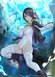 Rule 34 | 1girl, bird, bird tail, black hair, boots, breasts, brown eyes, company name, copyright name, copyright notice, covered navel, drawstring, emperor penguin (kemono friends), freediving, gluteal fold, groin, hair over one eye, headphones, highleg, highleg leotard, hood, hood down, hoodie, kemono friends, large breasts, leotard, long sleeves, looking at viewer, multicolored hair, official art, open clothes, open hoodie, open mouth, outstretched arms, penguin, penguin tail, popqn, red hair, solo, spread arms, streaked hair, submerged, tail, thighhighs, underwater, water