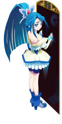 Rule 34 | 00s, 1girl, back, bike shorts, bike shorts under skirt, blue eyes, blue hair, blue shorts, butterfly hair ornament, cure aqua, different reflection, dress, eyelashes, full body, gloves, hair ornament, high heels, highres, long hair, looking back, magical girl, matching hair/eyes, minazuki karen, mirror, moudoku (decopon3rd), parted bangs, ponytail, precure, reflection, shoes, shorts, shorts under skirt, solo, white background, wide ponytail, yes! precure 5