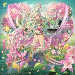 Rule 34 | 1girl, ahoge, antlers, company name, copyright notice, floating, floating hair, flower, green hair, hair flower, hair ornament, hands up, high heels, highres, horns, long hair, looking at viewer, looking back, multicolored hair, official art, open mouth, petals, pink hair, plant, purple eyes, randvitter, ribbon, sleeves past fingers, sleeves past wrists, solo, thighhighs, two-tone hair, valkyrie connect, yeonwa