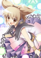 Rule 34 | 1girl, bad id, bad pixiv id, belt, blonde hair, blush, brown eyes, earmuffs, female focus, flower, headphones, lace, lace-trimmed skirt, lace trim, lights, open mouth, purple skirt, ritual baton, shirt, sil, skirt, smile, solo, supershiruco, sword, touhou, toyosatomimi no miko, weapon, wristband