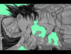 Rule 34 | 2boys, angry, aqua background, black hair, broly (dragon ball super), clenched hands, close-up, d:, dragon ball, dragon ball super, dragon ball super broly, dragonball z, face-to-face, fighting stance, fingernails, frown, highres, incoming attack, incoming punch, legendary super saiyan, letterboxed, male focus, multiple boys, no pupils, open mouth, punching, scar, short hair, simple background, son goku, spiked hair, super saiyan, teeth, twitter username, upper body, upper teeth only, y wine p