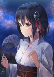 Rule 34 | 10s, 1girl, black hair, blush, brown eyes, collarbone, floral print, glowing, haguro (kancolle), hair between eyes, hair ornament, hand fan, holding, holding fan, japanese clothes, jewelry, kantai collection, kimono, long sleeves, looking away, marimo kei, night, night sky, outdoors, paper fan, red ribbon, ribbon, ring, sash, short hair, sky, smile, solo, star (sky), starry sky, uchiwa, upper body, wedding band, wide sleeves, yukata