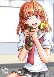 Rule 34 | 1girl, absurdres, eating, highres, looking at viewer, love live!, love live! sunshine!!, minami saan, open mouth, orange hair, short sleeves, smile, solo, takami chika, uranohoshi school uniform