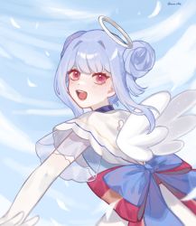 Rule 34 | 1girl, 3di project, angel, artist name, blue hair, double bun, gloves, hair bun, halo, highres, light blue hair, maichle (mai chle30), open mouth, red eyes, see-through, short eyebrows, sidelocks, smile, solo, thien (sky) (3di), virtual youtuber, wings