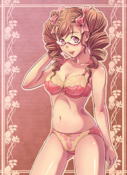 Rule 34 | 1girl, :p, bad id, bad pixiv id, blonde hair, blush, bow, bow bra, bow panties, bra, breasts, cleavage, collarbone, drill hair, e20, glasses, hair bow, kikuhara komugi, lingerie, medium breasts, navel, original, panties, pink bra, pink panties, red eyes, solo, tongue, tongue out, twin drills, twintails, underwear, underwear only