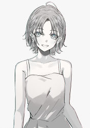 Rule 34 | 1girl, ahoge, asakura toru, bare arms, bare shoulders, commentary request, dress, earrings, greyscale, highres, idolmaster, idolmaster shiny colors, jewelry, looking at viewer, monochrome, parted bangs, short hair, sleeveless, sleeveless dress, solo, spaghetti strap, spot color, suyaya oyasumi, white background