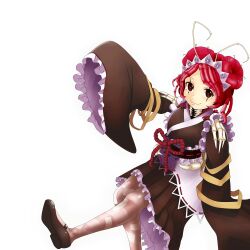 Rule 34 | 1girl, absurdres, antennae, apron, arthropod girl, brown footwear, brown kimono, brown thighhighs, closed mouth, commentary, double bun, entoma vasilissa zeta, extra mouth, extra pupils, fangs, foot out of frame, hair bun, hand up, highres, japanese clothes, kimono, leg up, lhofi, looking at viewer, maid, maid headdress, mary janes, monster girl, ofuda, ofuda on clothes, overlord (maruyama), pink hair, red eyes, shoe soles, shoes, short hair, simple background, sitting, skin fangs, sleeves past wrists, smile, solo, striped clothes, striped thighhighs, swinging legs, thighhighs, white apron, white background, wide sleeves