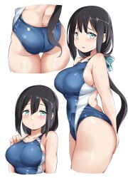 Rule 34 | 1girl, absurdres, aqua eyes, ass, back, bare arms, black hair, blue one-piece swimsuit, breasts, closed mouth, collarbone, commentary request, competition school swimsuit, competition swimsuit, hair between eyes, hair ribbon, highres, kanosawa, large breasts, long hair, looking at viewer, multiple views, one-piece swimsuit, open mouth, ribbon, school swimsuit, sideboob, simple background, standing, swimsuit, thighs, tougou mimori, white background, yuuki yuuna wa yuusha de aru, yuusha de aru