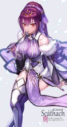 Rule 34 | 1girl, boots, box (hotpppink), breasts, character name, cleavage, crossed legs, dress, email address, fate/grand order, fate (series), feather trim, fur trim, grey background, hair between eyes, headpiece, highres, holding, holding wand, large breasts, purple dress, purple hair, red eyes, scathach (fate), scathach skadi (fate), scathach skadi (third ascension) (fate), simple background, solo, thigh boots, thighhighs, tiara, twitter username, wand