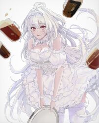 Rule 34 | 1girl, absurdres, ahoge, alcohol, bare shoulders, beer, beer mug, blush, breasts, cleavage, cleavage cutout, clothing cutout, corset, cup, dirndl, dress, fate/grand order, fate (series), frilled hairband, frills, german clothes, hairband, highres, leaning forward, licking lips, long hair, looking at viewer, medium breasts, merlin (fate/prototype), mug, pakameso paso, pointy ears, red eyes, scrunchie, smile, solo, thighhighs, thighs, tongue, tongue out, tray, very long hair, white dress, white hair, white thighhighs, wrist scrunchie