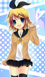 Rule 34 | 1girl, bad id, bad pixiv id, black thighhighs, blonde hair, blue eyes, blush, cardigan, fang, hair ornament, hair ribbon, hairclip, kagamine rin, nail polish, open cardigan, open clothes, open mouth, ribbon, school uniform, short hair, skirt, sleeves past wrists, smile, solo, sorane shii, sweater, thighhighs, vocaloid