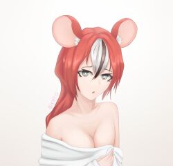 Rule 34 | 1girl, animal ears, hakos baelz, highres, hololive, hololive english, kofecs, mouse ears, mouse girl, open mouth, red hair, simple background, solo, virtual youtuber, white background
