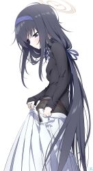 Rule 34 | 1girl, absurdres, black eyes, black hair, black shirt, blue archive, blue hairband, blue ribbon, blush, brown pantyhose, closed mouth, commentary, dressing, hair ribbon, hairband, halo, highres, long hair, long sleeves, looking down, low twintails, makicha (sasurainopink), making-of available, pantyhose, ribbon, shirt, simple background, skirt, solo, twintails, ui (blue archive), very long hair, white background, white skirt, zipper