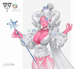 Rule 34 | 1girl, absurdres, blue eyes, bow, breasts, butterfly hair ornament, choker, cleavage, colored skin, cowboy shot, crown, earrings, flower, hair ornament, highres, holding, horns, huge breasts, huge filesize, jewelry, long sleeves, looking at viewer, nail polish, original, parted lips, pink skin, puffy long sleeves, puffy sleeves, silver hair, solo, thorns, veela, white bow, white flower, white nails