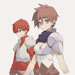 1boy 1girl adol_christin armor blue_headband blue_scarf breasts brown_hair closed_mouth commentary_request george_man grey_eyes hair_between_eyes headband highres karna_(ys) looking_at_viewer pauldrons purple_eyes red_hair scarf short_hair shoulder_armor simple_background single_pauldron smile white_background ys ys_iv_dawn_of_ys