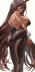 Rule 34 | 1girl, animal ears, ass, back, backless leotard, backless outfit, bare shoulders, black leotard, black pantyhose, blush, breasts, brown hair, dark skin, fake animal ears, fake tail, from behind, goddess of victory: nikke, highres, large breasts, leotard, long hair, looking at viewer, noir (nikke), orange eyes, pantyhose, parted lips, playboy bunny, rabbit ears, rabbit tail, simple background, solo, tail, thighs, uenoryoma, white background, wrist cuffs
