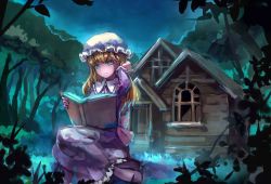 Rule 34 | 1girl, absurdres, blonde hair, blue eyes, book, bow, dress, forest, hand in own hair, hat, highres, house, light smile, long hair, long sleeves, maribel hearn, mob cap, myero, nature, night, open book, outdoors, reading, shoes, sitting, sky, solo, touhou, yokozuwari