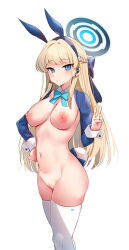 Rule 34 | absurdres, animal ears, aqua bow, aqua bowtie, blonde hair, blue archive, blue eyes, blue hairband, blush, bow, bowtie, breasts, cleavage, cleft of venus, commentary request, detached collar, fake animal ears, hair ornament, hairband, halo, hand up, highres, large breasts, leotard, long hair, long sleeves, looking at viewer, navel, nipples, okura-chan (at nya5), playboy bunny, pussy, rabbit ears, simple background, solo, stomach, thighhighs, thighs, toki (blue archive), toki (bunny) (blue archive), v, white background, white thighhighs