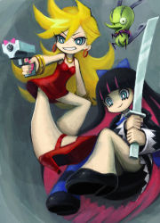 Rule 34 | 10s, 2girls, back lace, bad id, bad pixiv id, black hair, blonde hair, blue eyes, chuck (psg), dress, gun, hiro1984, jewelry, long sleeves, lots of jewelry, multiple girls, official style, panty &amp; stocking with garterbelt, panty (psg), red dress, short dress, siblings, sisters, stocking (psg), stripes i &amp; ii, sword, weapon