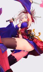 Rule 34 | 1girl, ass, boots, breasts, detached sleeves, dual wielding, covered erect nipples, fate/grand order, fate (series), from below, grey background, highres, holding, i-pan, large breasts, looking to the side, miyamoto musashi (fate), navel, panties, ponytail, purple eyes, silver hair, smile, solo, thighhighs, underwear, wide sleeves