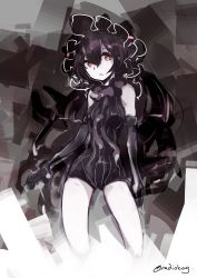 Rule 34 | 10s, 1girl, :&lt;, abyssal ship, adapted costume, bare shoulders, black gloves, black hair, bonnet, colored skin, deel (rkeg), elbow gloves, gloves, gothic lolita, highres, isolated island oni, kantai collection, leotard, lolita fashion, long hair, md5 mismatch, one-piece swimsuit, red eyes, resized, ribbed leotard, solo, striped, swimsuit, thighs, twitter username, vertical stripes, white skin