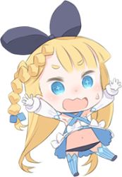 Rule 34 | 1girl, alicia solid, blonde hair, blue eyes, blue thighhighs, blush, bow, braid, chibi, choker, dress, elbow gloves, flat chest, full body, gloves, hair bow, kuroboshi kouhaku, long hair, lowres, niconi solid, niconico, official art, panties, single braid, solo, striped clothes, striped thighhighs, sweat, thighhighs, transparent background, underwear, very long hair, wavy mouth
