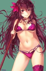 Rule 34 | 1girl, arm behind back, bikini, breasts, brown hair, cleavage, contrapposto, cowboy shot, fate/grand order, fate (series), floating hair, flower, frown (wonderland85711), green background, hair between eyes, hair flower, hair ornament, holding, holding weapon, long hair, looking at viewer, medium breasts, navel, polearm, red bikini, red eyes, red flower, scathach (fate), shiny skin, signature, simple background, smile, solo, spear, standing, swimsuit, thigh strap, underboob, very long hair, weapon
