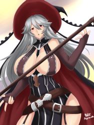 Rule 34 | 10s, 1girl, :o, blush, breasts, cleavage, elbow gloves, fingerless gloves, garter straps, gloves, granblue fantasy, hair between eyes, hat, highres, huge breasts, long hair, looking at viewer, magisa (granblue fantasy), nuypiya hehasuk, red eyes, silver hair, solo, witch hat