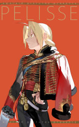 Rule 34 | 1boy, ahoge, alternate costume, black pants, blonde hair, braid, braided ponytail, contrapposto, cowboy shot, edward elric, emmmerald, fullmetal alchemist, hand on own hip, highres, jacket, male focus, mechanical arms, open clothes, open jacket, pants, parted bangs, red background, red jacket, revision, simple background, single braid, single mechanical arm, solo, standing, yellow eyes