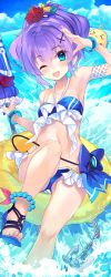 Rule 34 | 1girl, :d, anchor, arm up, azur lane, bandeau, bare arms, bare legs, bare shoulders, beach umbrella, bead anklet, bikini, blue bikini, blue bow, blue footwear, blue sky, blush, bow, bracelet, breasts, chain, cloud, cloudy sky, collarbone, commentary request, cross hair ornament, day, feet out of frame, flower, hair flower, hair ornament, halterneck, hibiscus, high ponytail, horizon, innertube, javelin (azur lane), jewelry, looking at viewer, marine day, navel, ocean, open mouth, outdoors, ponytail, purple hair, red flower, sandals, shirokitsune, sky, small breasts, smile, solo, splashing, stomach, swim ring, swimsuit, thighs, umbrella, water
