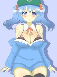 Rule 34 | 1girl, bare shoulders, black bra, black thighhighs, blue background, blue hair, blush, bow, bowtie, bra, breasts, cleavage, commentary, detached collar, flat cap, green hat, hat, highres, kawashiro nitori, large breasts, looking at viewer, medium hair, one-hour drawing challenge, open mouth, red bow, red bowtie, shirokumall, simple background, solo, thighhighs, touhou, underwear