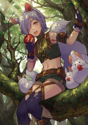 Rule 34 | 1girl, animal, animal ears, apple, bag, eating, fingerless gloves, food, forest, fruit, gloves, hair over one eye, highres, holding, holding food, holding fruit, in tree, leg belt, looking at viewer, nature, open mouth, original, shirt, shorts, silver hair, sitting, sitting in tree, sleeveless, sleeveless shirt, solo, squirrel, squirrel ears, squirrel girl, squirrel tail, stomach, suneru, sunlight, tail, thighhighs, tree, yellow eyes
