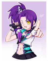 Rule 34 | &gt;;d, 1girl, ;d, airisubaka, artist name, blush, long hair, looking at viewer, microphone, navel, one eye closed, open mouth, pretty series, pripara, purple hair, side ponytail, signature, smile, solo, toudou shion, v-shaped eyebrows, yellow eyes