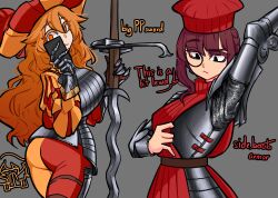 Rule 34 | 2girls, adjusting clothes, armor, armpits, ass, braid, breastplate, breasts, cellphone, centurii-chan (artist), chainmail, colored eyelashes, commentary, condottiere (centurii-chan), english commentary, english text, flamberge, gauntlets, glasses, hat, highres, holding, holding phone, holding sword, holding weapon, landsknecht, landsknecht (centurii-chan), large breasts, looking at viewer, looking back, meme, monocle, multiple girls, orange eyes, orange hair, original, pants, phone, plate armor, purple hair, selfie, sword, time paradox, weapon, zweihander