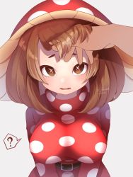 Rule 34 | + +, 1girl, ?, artist name, belt, blush, boku no hero academia, breasts, brown belt, brown eyes, brown hair, chikuwa savy, commentary request, dress, fur trim, hair over one eye, hand in another&#039;s hair, hat, highres, komori kinoko, large breasts, long sleeves, looking at viewer, lower teeth only, mushroom, mushroom hat, open mouth, polka dot, polka dot dress, pov, red dress, solo focus, spoken question mark, symbol-shaped pupils, teeth, upper body, x-shaped pupils