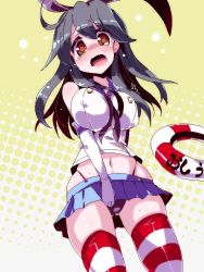 Rule 34 | 1girl, black hair, black panties, bow, breasts, cosplay, covered erect nipples, elbow gloves, gloves, hair bow, kantai collection, large breasts, long hair, miuku (marine sapphire), open mouth, panties, pantyshot, shimakaze (kancolle), shimakaze (kancolle) (cosplay), skirt, skirt hold, solo, striped clothes, striped thighhighs, tears, thighhighs, underwear, upskirt, ushio (kancolle)